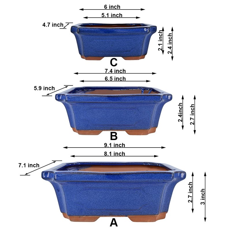MUZHI 3 Pack Ceramic Rectangular Bonsai Tree Planter Pot Set