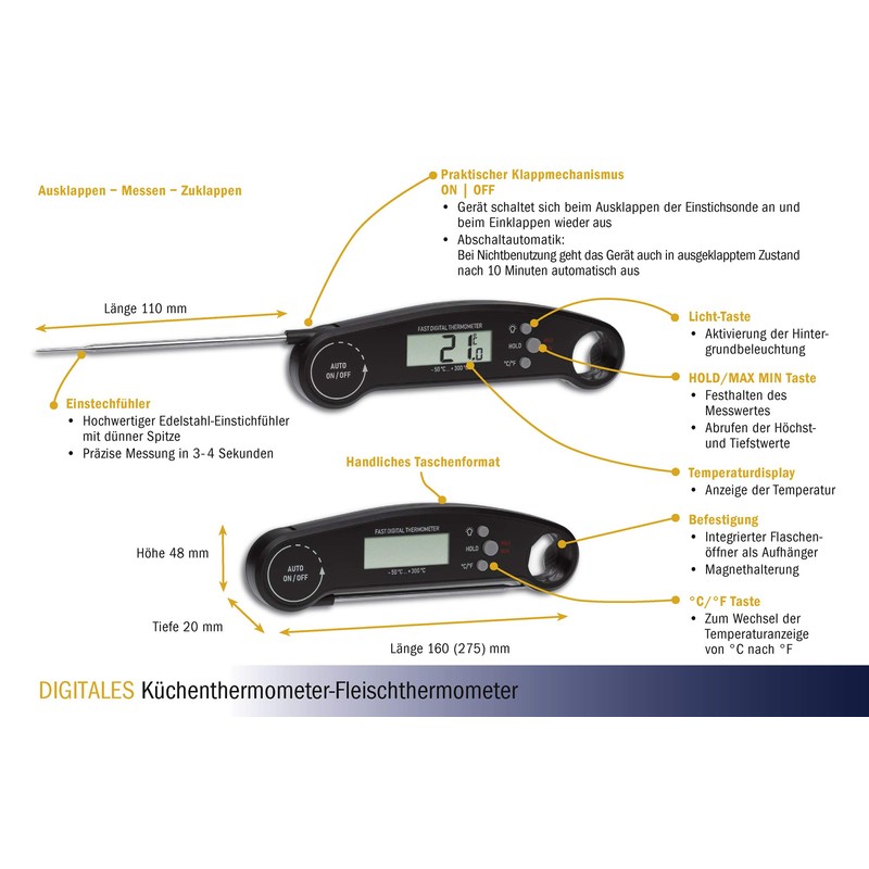 TFA Dostmann Digitales Küchenthermometer, 30.1061.01, Klappthermometer, mit Flaschenöffner, Hintergrundbeleuchtung, BBQ