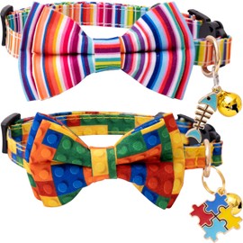Faygarsle 2 Pack Breakaway Bowtie Cat Collar with Bell for Male Female Cats Fancy Yellow Blue Cat Collar with Toy Building Blocks Streaks Pattern Spring Summer Cat Collar for Boy Girl Cats