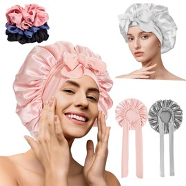 Gorro de Pelo Rizado de Satén,2 Piezas Gorro de Dormir de Seda Ajustable,Viene con 2 PCS Diademas de Satén,Gorro De Dormir Suave Satinado Reutilizable y Cómodo con Banda Elástica Ancha (Rosa y Plata)