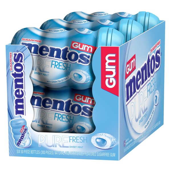 Mentos Pure Fresh Sugar-Free Chewing Gum with Xylitol, Sweet Mint, 50 Piece Bottle (Pack of 6)