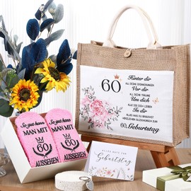 Xuniea Birthday Gift for Women Included Jute Carry Bag Socks Keyring Birthday Cards Envelope Funny Gift Ideas for Women, As shown in the picture, 60th birthday