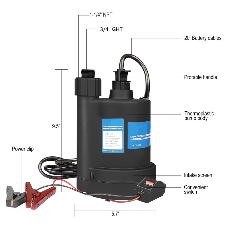 Water Pump Submersible Pump DC 12V Sump Pump 1500 GPH