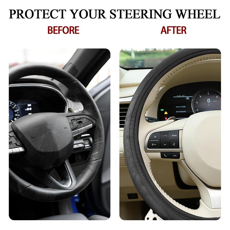 FALVFUN Elastic Stretch Car Steering Wheel Cover, 14.5-15" Leather Non-Slip