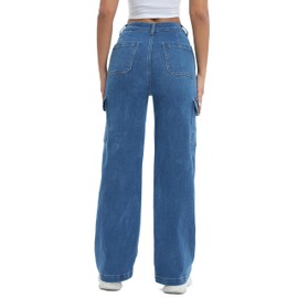 ETTELO Women Cargo Jeans High Waist Y2K Straight Leg Trendy Stretchy Lightweight Jeans for Women Blue