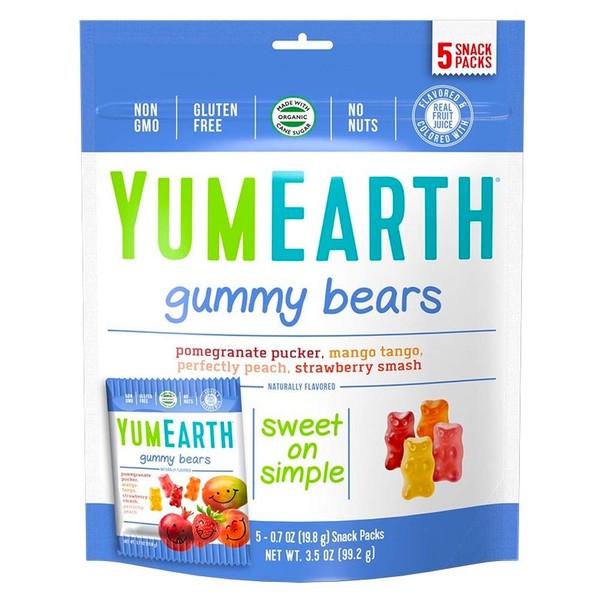 YumEarth Gluten Free Gummy Bears, Assorted Flavors, 5 Snack Packs Per Bag