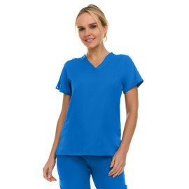 MediChic Women's V-Neck Scrub Top - 3-Pocket, 4-Way Stretch, Comfortable Medical Uniform, Royal Small
