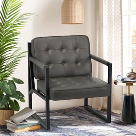 COLAMY Modern Accent Chair, Accent Arm Chair for Living Room, Comfy Leather Armchair with Metal Legs for Bedroom Reception Waiting Room, Grey