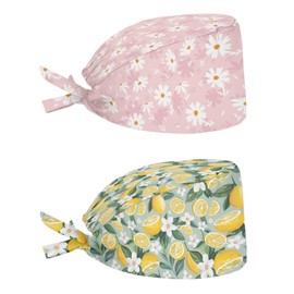Babrukda 2 Pack Caps Built-in Sweatband Adjustable Strap Back Hats Headwear for Women Men One Size Head Hair Cover, Daisy Floral Lemon, for Athletic Camping Hiking