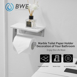 BWE Brushed Nickel Toilet Paper Hold with Marble Shelf,SUS 304 Stainless Steel Tissue Roll Holder Wall Mounted，Toilet Paper Roll Holder with Phone Shelf Rustproof for Bathroom Washroom