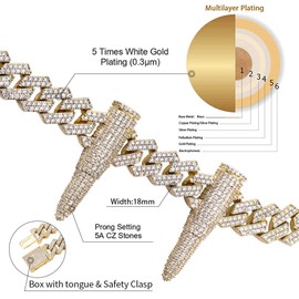 JINAO 14MM Bullet Miami Cuban Link Charm Chain Necklace Hip Hop 18K Gold Plated Full Iced Out Cubic Zirconia Biker Punk Chain for Men (Gold, 18)
