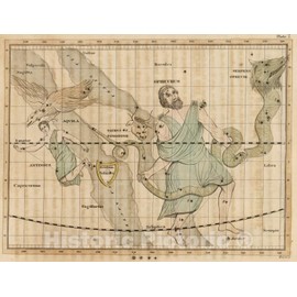 Historic Pictoric Map : Constellations Near Ophiuchus & Serpens., 1824, Vintage Wall Art : 30in x 24in