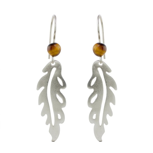 NOVICA Artisan Handmade Tigers Eye Dangle Earrings Sterling Silver Leaf