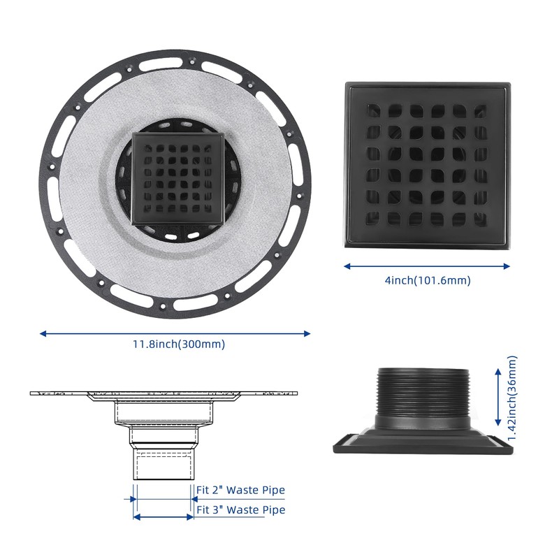 Square Shower Drain, 4-Inch Matte Black Kit with Bonding Flange,