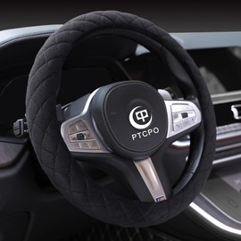 PTCPO Soft Car Steering Wheel Cover for Sedan, SUV, Warm Luxury Velvet, Odorless, Universal, Anti Slip, Summer Winter, Black, Large Size[15" 1/2-16"](39-41cm)