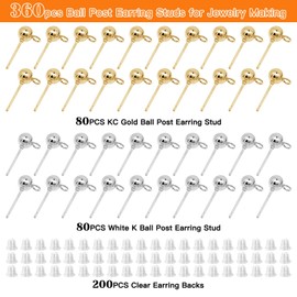 160Pcs Ball Studs for Jewelry Making,Hypoallergenic Ball Earring Studs Round Ball Earring Posts with 200Pcs Clear Earring Backs for DIY Jewelry Making(KC Gold and White K)