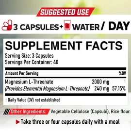 Magnesium L-Threonate 2000mg Capsules - 240mg Elemental Magnesium per Serving - 120 Pills