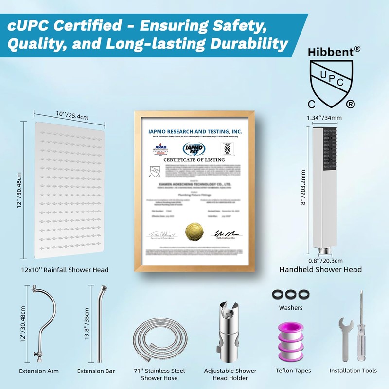 Hibbent cUPC Certified High Pressure 12'' Rainfall Shower Head, Showerhead