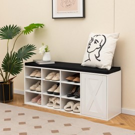 Julimoon Shoe Bench with Cushion, 3 Tier Shoe Storage Bench with 9 Compartments & Adjustable Shelves, Shoe Organizer with Removable Padded Seat, Shoe Bench Rack for Entryway, Hallway, Bedroom (White)