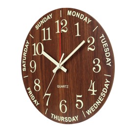 Felvoro Wall Clock 12 Inch Brown Weekly Wall Clock Silent Battery Operated Luminous Hands Retirement Elderly Wooden Glow in The Dark Clock