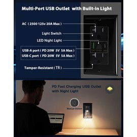 PD USB Outlet with Light,20W Power Delivery USB Receptacle with Night Light, 20A Tamper-Resistant Wall Outlet, Fast Charging Type A & USB-C Charger for Smartphones, Laptops, Tablets - Black