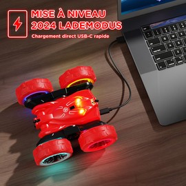 ifollower Remote Controlled Car with Colourful Light, Type-C Direct Charging, Remote Controlled Stunt Car, Double-Sided 360° Rotation, 2.4G 4WD, Amphibian Vehicle Monster Truck for Children from 3 to