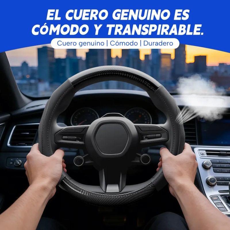 Funda Para Volante Fibra Carbono Cuero Vacuno Forma Redonda