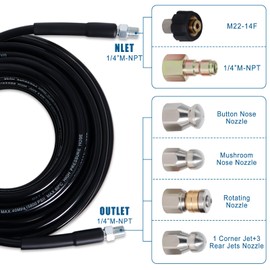 Zejoot 150FT Sewer Jetter Kit for Pressure Washer, 5800PSI Drain Cleaner Hose 1/4 Inch NPT Corner with 4 Sewer Jetting Nozzles，Waterproof Tape，Pearl Corsage Pin，Handle Strap & 2 Spanners (Black)