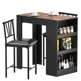 VECELO Small Bar Table and Chairs Tall Kitchen Breakfast Nook with Stools/Dining Set for 2, Storage Shelves, Space-Saving, Black