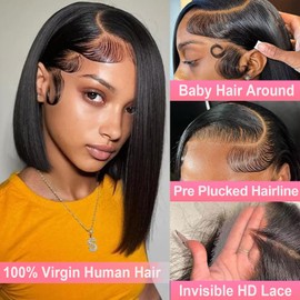 IJFMMEL Bob Wig Human Hair 13x4 HD Lace Front Wigs for Black Women Human Hair Short Straight Bob Glueless Wigs Human Hair Pre Plucked With Baby Hair Natural Black 180% Density 8 Inch