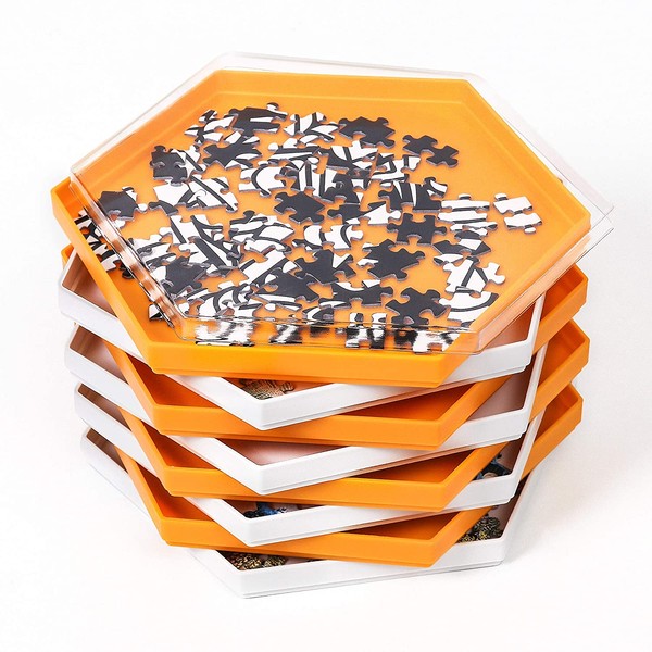Becko Stackable Puzzle Sorting Trays Jigsaw Puzzle Sorters with Lid Puzzle Accessory for Puzzles Up to 1500 Pieces, 8 Hexagonal Trays in White & Orange