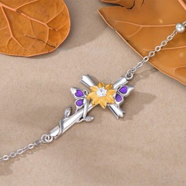KoyeKei Butterfly Sunflower Bracelet for Women 925 Sterling Silver Double Butterfly Cross Bracelets Christian Sunflower Jewelry Graduation Gifts Mothers Day Gift for Mom Wife Sister