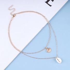 Allereya Vintage Layered Shell Pendant Necklace Shell Cowrie Choker Necklace Gold Scallop Necklace Layering Shell Necklace Jewelry for Women and Girls