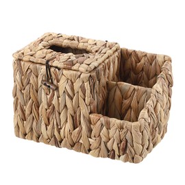 BSTKEY Water Hyacinth Square Facial Tissue Box with Lid, Household Woven Napkin Box Tissue Paper Holder with 2 Multi-function Organizer Side Pockets for Remote Control Vanity Makeup Cosmetic Pencil