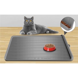 Dog Food Mat - 25"x16" Pet Food Mat with Residue Collection Pocket, Dog Cat Feeding Mat for Floors Waterproof, Silicone Dog Bowl Mat with High Edges to Prevent Water and Food Spills (Light Grey)