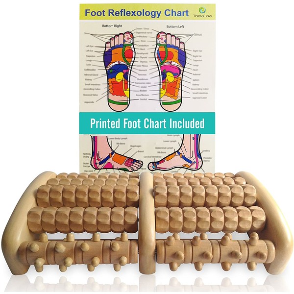 TheraFlow Large Dual Foot Massager Roller - Plantar Fasciitis, Heel, Arch Pain Relief -Enhanced Model 2019- Laminated Foot Chart & Detailed Instructions Included - Stress Relief, Relaxation Gift
