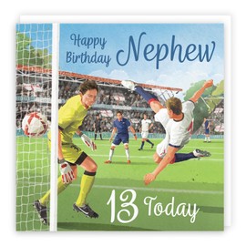 Hunts England - 13th Nephew Football Birthday Card - Milo's Gallery - Age 13 Footy Fun Birthday Card For Nephew - For 13 Year Old Footie Fan - Age Thirteen