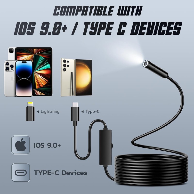 Endoscope Inspection Camera,Picache 1920P Type-C Borescope Endoscope Camera with Light,Snake