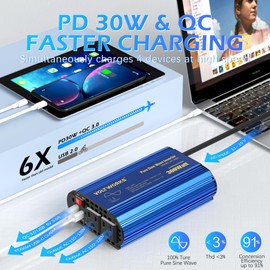 300W Pure Sine Wave Power Inverter for Car Truck RV Adapter DC 12V to AC 110V 120V with USB-C PD30W and QC3.0 USB-A and 2 AC Outlets Compatible with Lithium Battery by VOLTWORKS