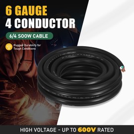 10ft 6/4 6 AWG Portable Power Cable (4 Conductor) - SOOW 600V 6 Gauge Electric Wire for Generator, Portable Lights, RV/EV Car Battery Chargers and Machinery - 10 Feet Electrical Cord