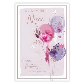 Niece Birthday Card - Wonderful Niece - Birthday Wishes - Floral Balloons Design - Special Finishes and Illustrated Insert Leaf - Made in the UK