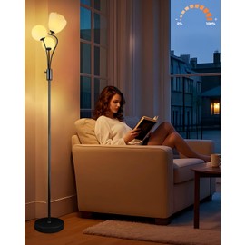 69IN Dimmable Floor Lamp Black Standing Lamps with 3Pcs 3000K Bulbs Art Deco Floor Lamps with Globe & Flower Lampshade for Girls/Kid Room Stylish Design Mid Century Modern Tall Lamp