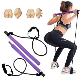 Portable Pilates Bar Kit with Exercise Resistance Band, Pilates Exercise Stick Yoga Fitness Bar with Foot Loop, Muscle Sculpt Leg Stretcher Home Gym Workout Equipment for Total Body Exercise (Purple)