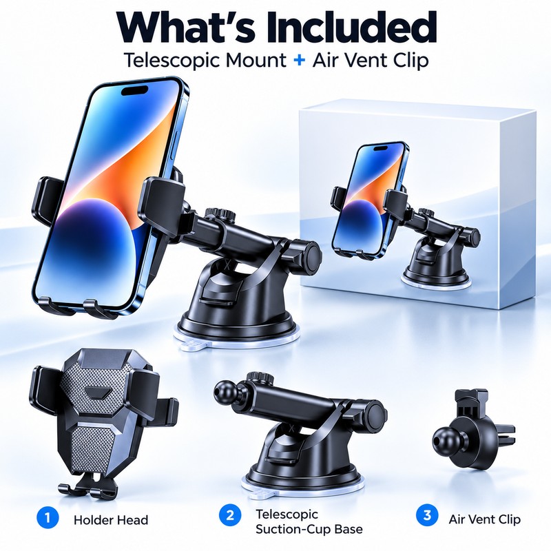 Car Phone Mount for Dashboard, Windshield & Air Vent, Telescopic