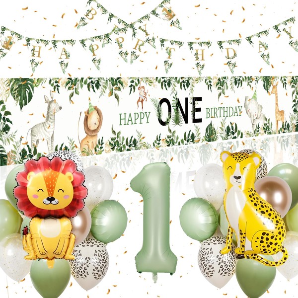 Birthday Decorations 1 Year, 1 Year Happy Birthday Banner, Balloons Birthday 1 Year Boy Girl, Safari Background, Safari Animals Jungle Party Birthday for Girl Boys