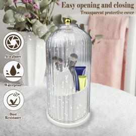 Surplex Makeup Brush Holder Organizer with Clear Lid 360 Rotating Sliding Opening Dustproof Brushes Container, Waterproof Dustproof Spinning Cosmetics Organizer Storage Box for Vanity Bathroom , White