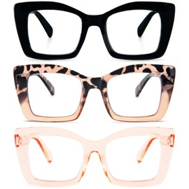 REAVEE 3 Pack Oversized Square Reading Glasses Oprah Style for Women, Blue Light Blocking Large Frame Computer Designer Fashion Readers with Spring Hinge (Black/Tortoise Tea/Tea,3.0)