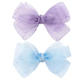 2 Colors Organza Double Hair Bows Clips - 5.5 Inch Large Big Lined Boutique Alligator Clips Hair Accessories for Girls Toddlers and Little Teens (Purple-Blue)