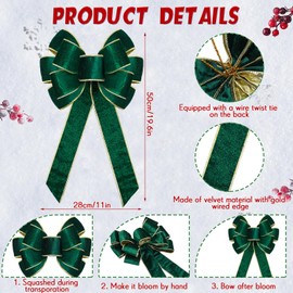 Lenwen 12 Pcs Large Christmas Bows 11 x 19.6 inch Velvet Christmas Wreath Bows Christmas Tree Topper Bow with Golden Edge Big Xmas Ornament for Wreath Gift Home Front Door Decor (Green)