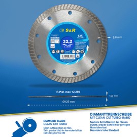 S&R Diamond blade/ Diamond Cutting Disc/ 125 x 1.6 (5.5) x 22.2 for cutting CERAMIC, hard ceramic, tiles, marble, granite, tiles, limestone and other hard materials. Professional quality